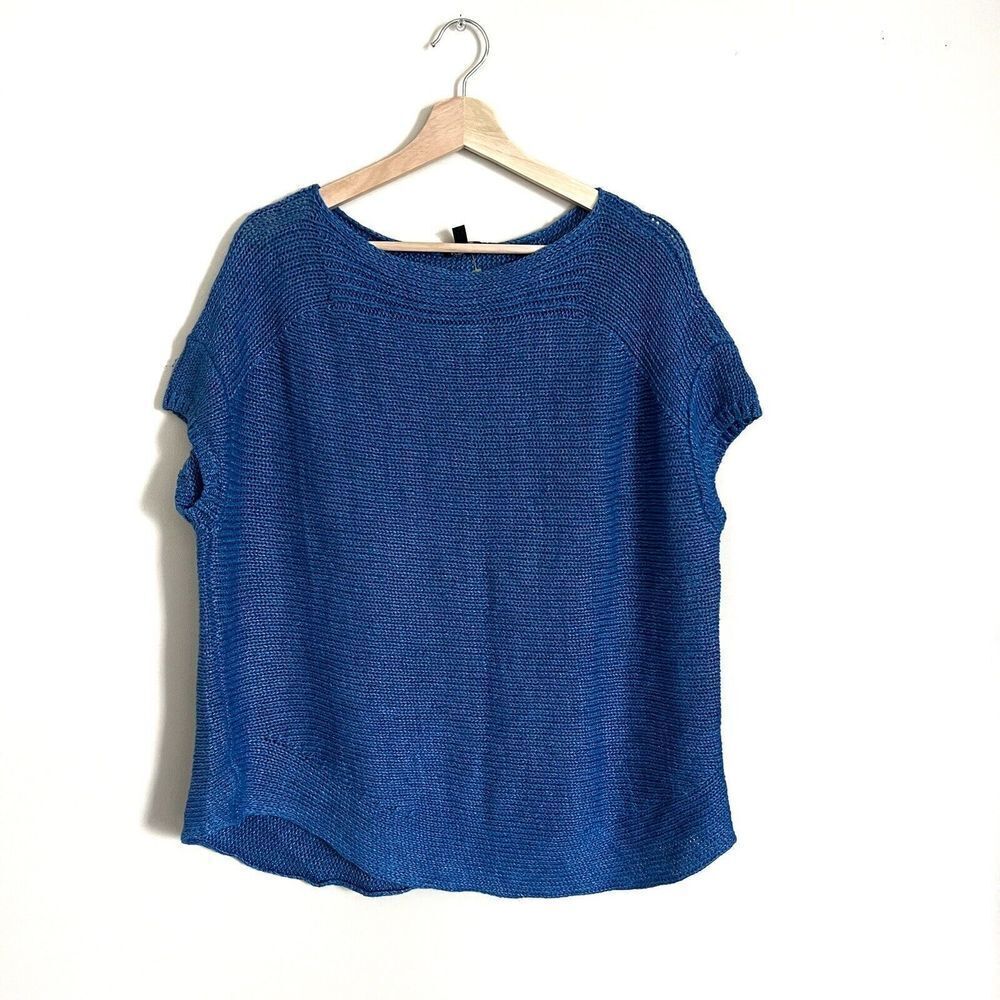 Talbots Women Petite 1X Blue Linen Open Knit Lagenlook Cap Sleeves Boho‎ Beachy